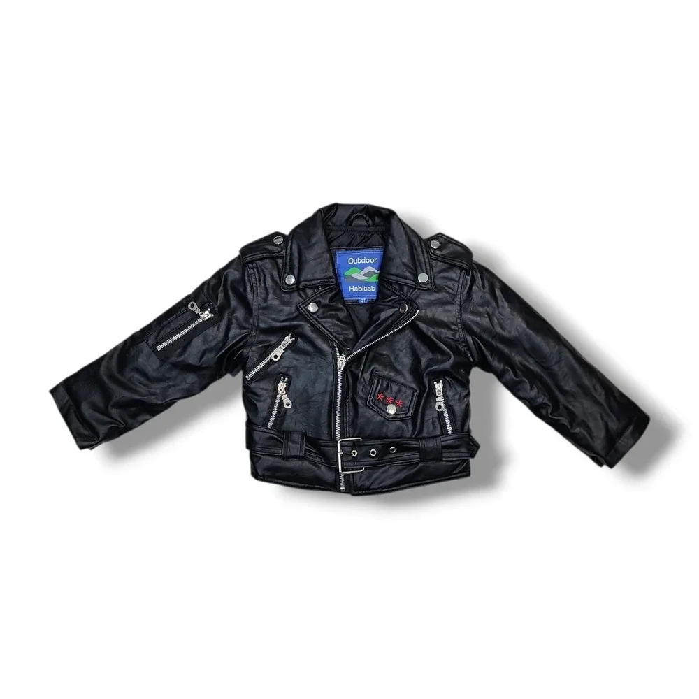Outdoor Habitat Black Faux Leather Biker Jacket Embroidered USA Eagle Size 2T‎